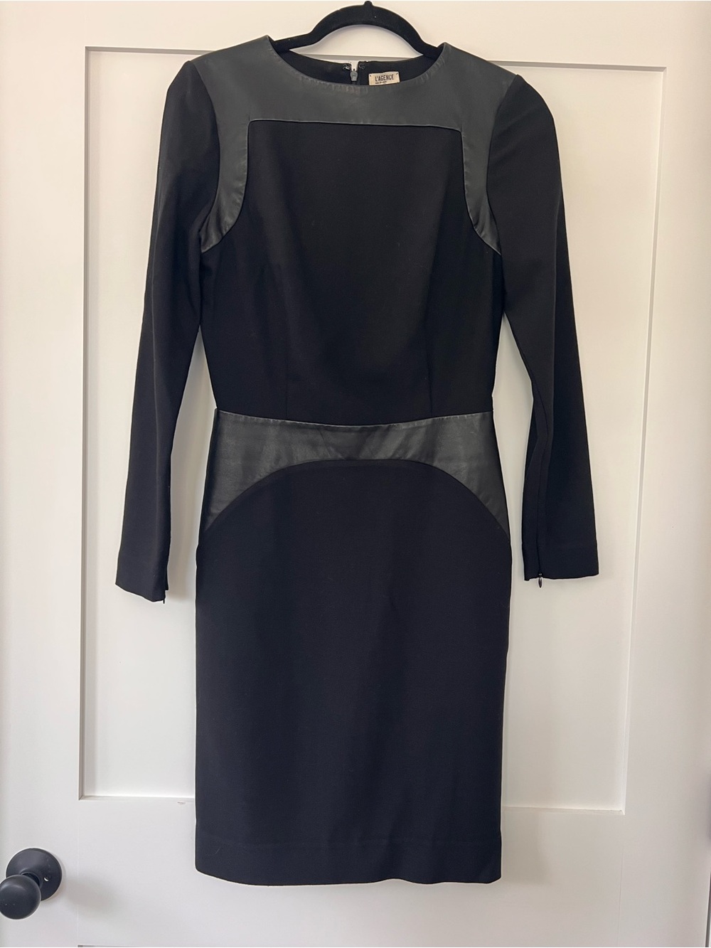 L'AGENCE Black Long-Sleeve Sheath Dress with Faux-Leather Panels